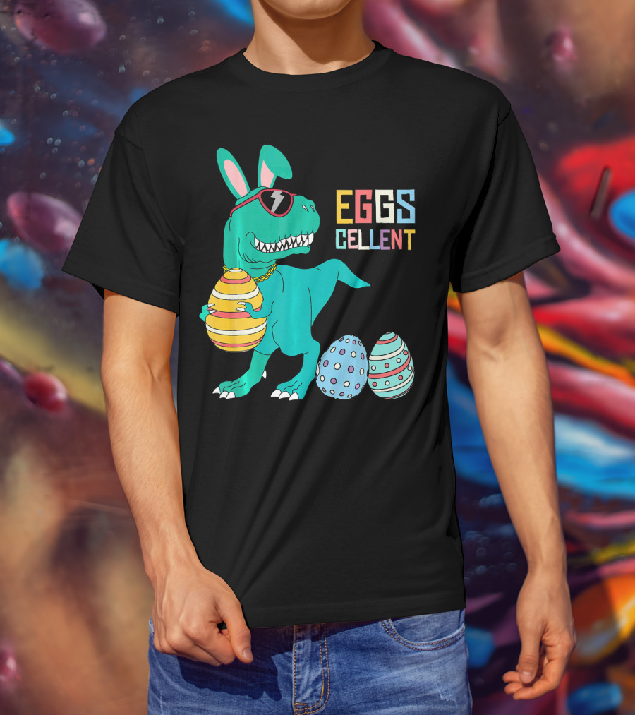 Easter Dinosaur Eggs Cellent T-Rex With Sunglasses And Striped Polka Dot Eggs T-Shirt
