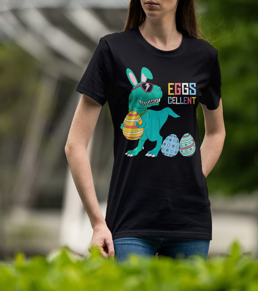 Easter Dinosaur Eggs Cellent T-Rex With Sunglasses And Striped Polka Dot Eggs T-Shirt
