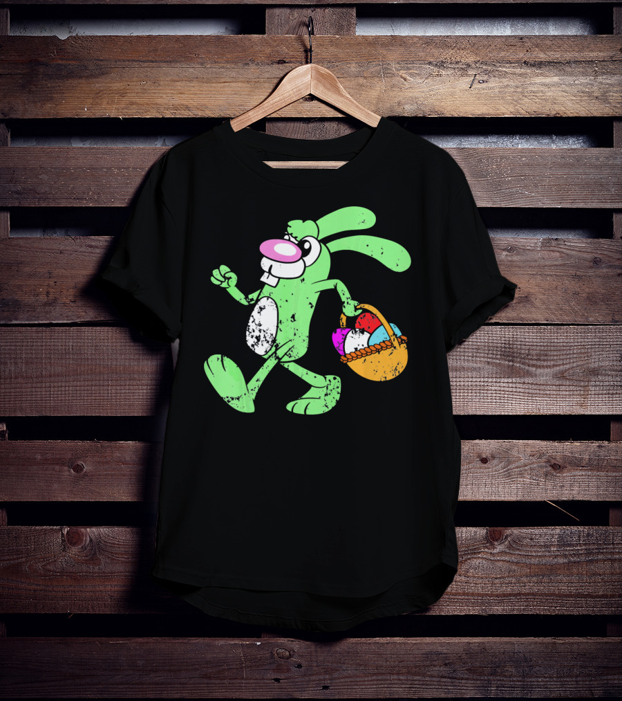 Retro Vintage Grunge Easter Bunny With Colorful Egg Basket T-Shirt
