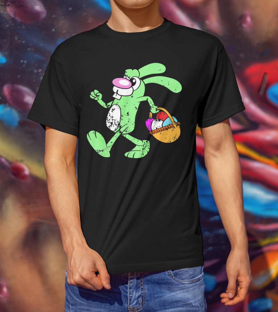 Retro Vintage Grunge Easter Bunny With Colorful Egg Basket T-Shirt