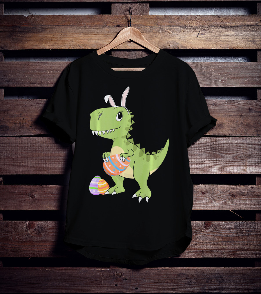 Easter Dinosaur Kids T-Rex With Bunny Ears Holding Colorful Eggs T-Shirt