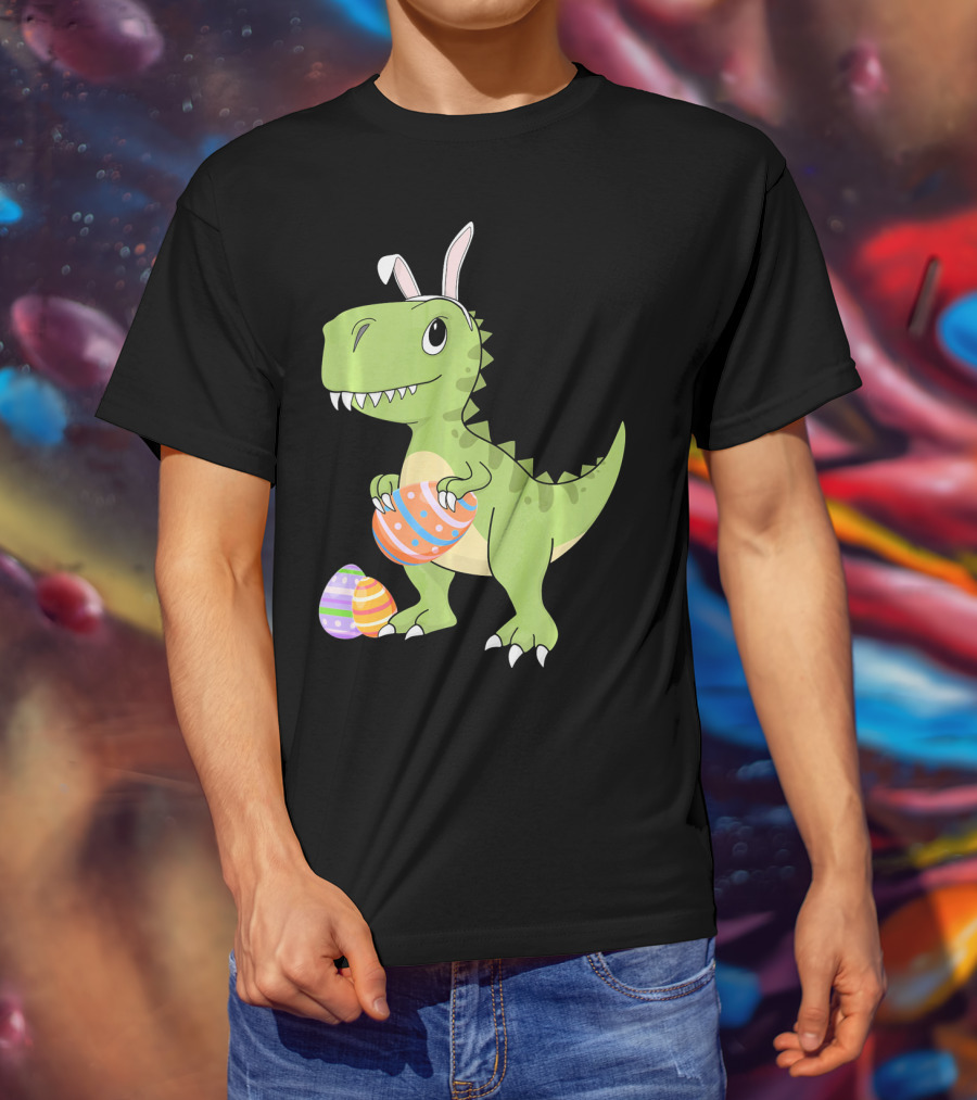 Easter Dinosaur Kids T-Rex With Bunny Ears Holding Colorful Eggs T-Shirt