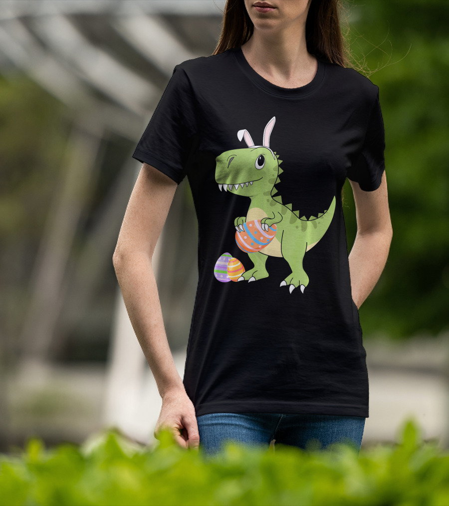 Easter Dinosaur Kids T-Rex With Bunny Ears Holding Colorful Eggs T-Shirt
