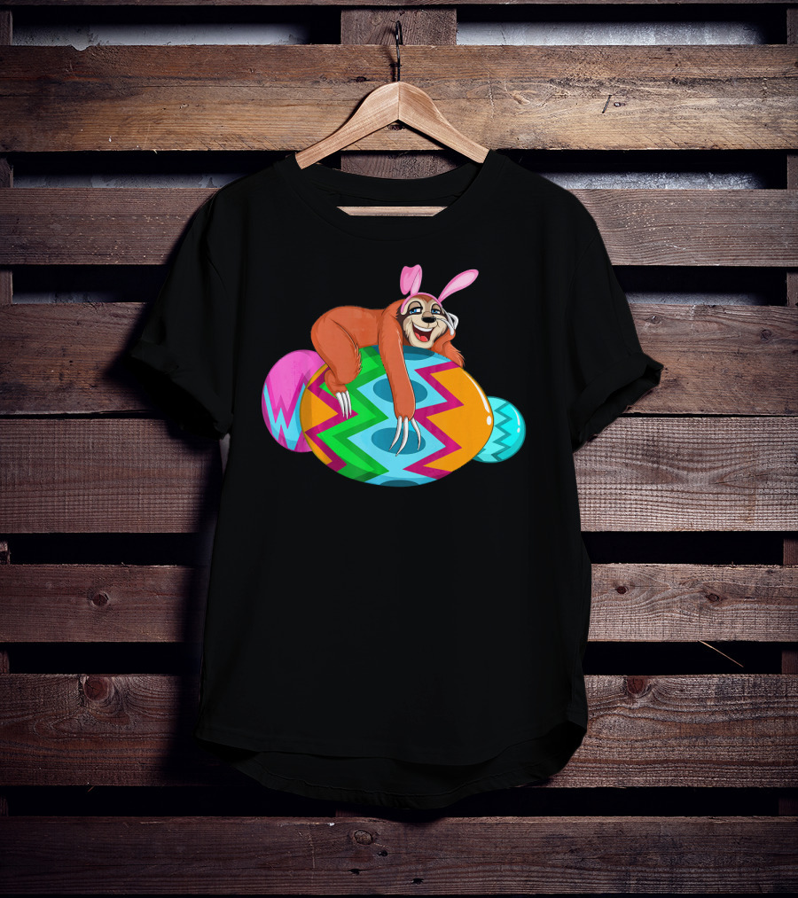 Cool Lazy Sloth Bunny On Colorful Easter Egg Hunt T-Shirt