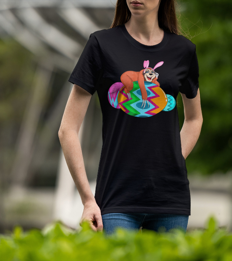 Cool Lazy Sloth Bunny On Colorful Easter Egg Hunt T-Shirt