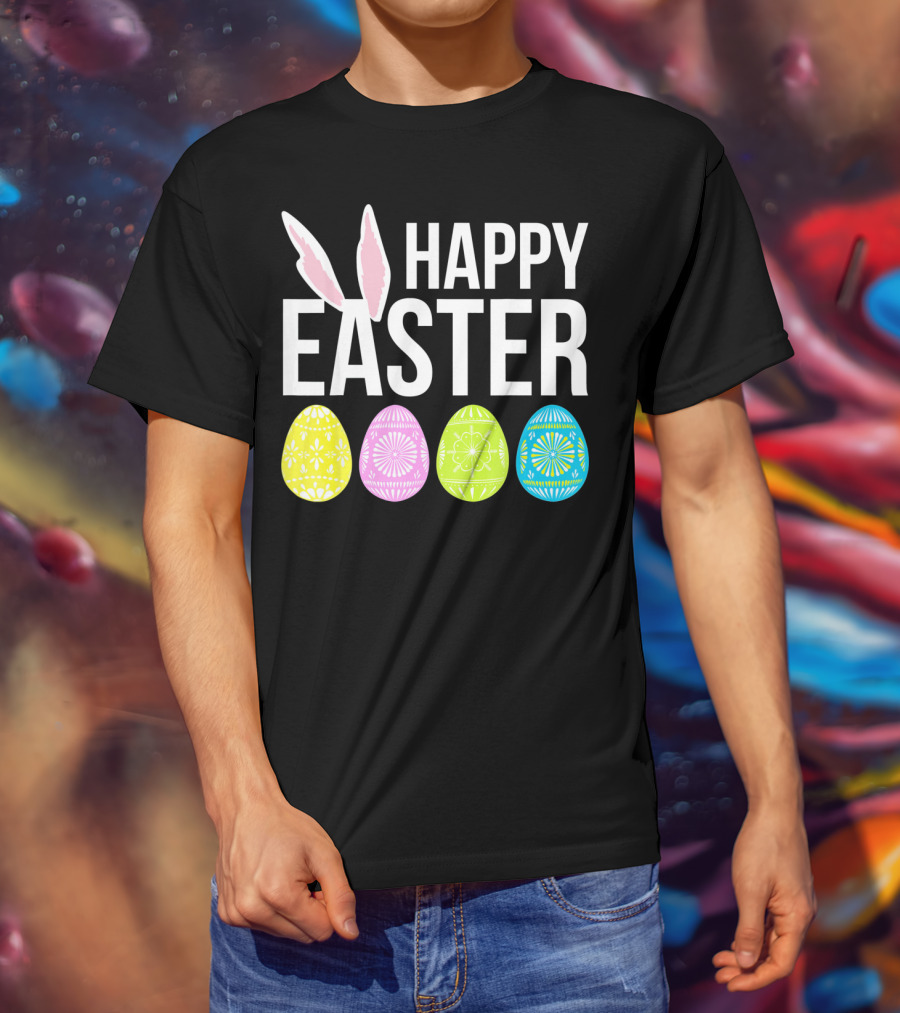 Happy Easter Bunny Ears Colorful Eggs T-Shirt