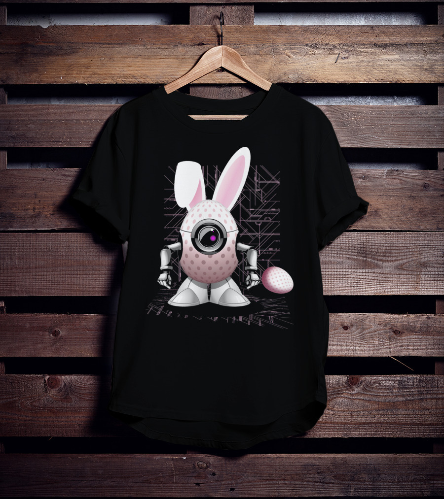 Happy Easter Bunny Robot Egg With Camera Eye And Circuit Background T-Shirt