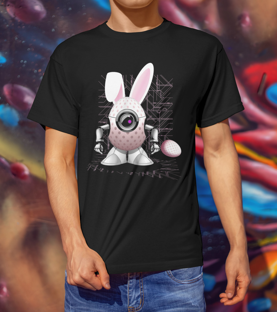 Happy Easter Bunny Robot Egg With Camera Eye And Circuit Background T-Shirt