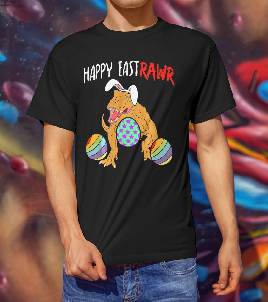 Happy Eastrawr Dinosaur Easter With Bunny Ears And Colorful Eggs T-Shirt