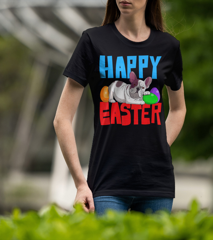 Happy Easter French Bulldog With Colorful Eggs T-Shirt