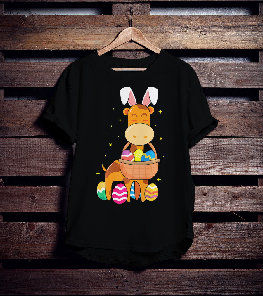 Giraffe Easter Egg Bunny Holding Basket Of Colorful Eggs And Wearing Bunny Ears T-Shirt