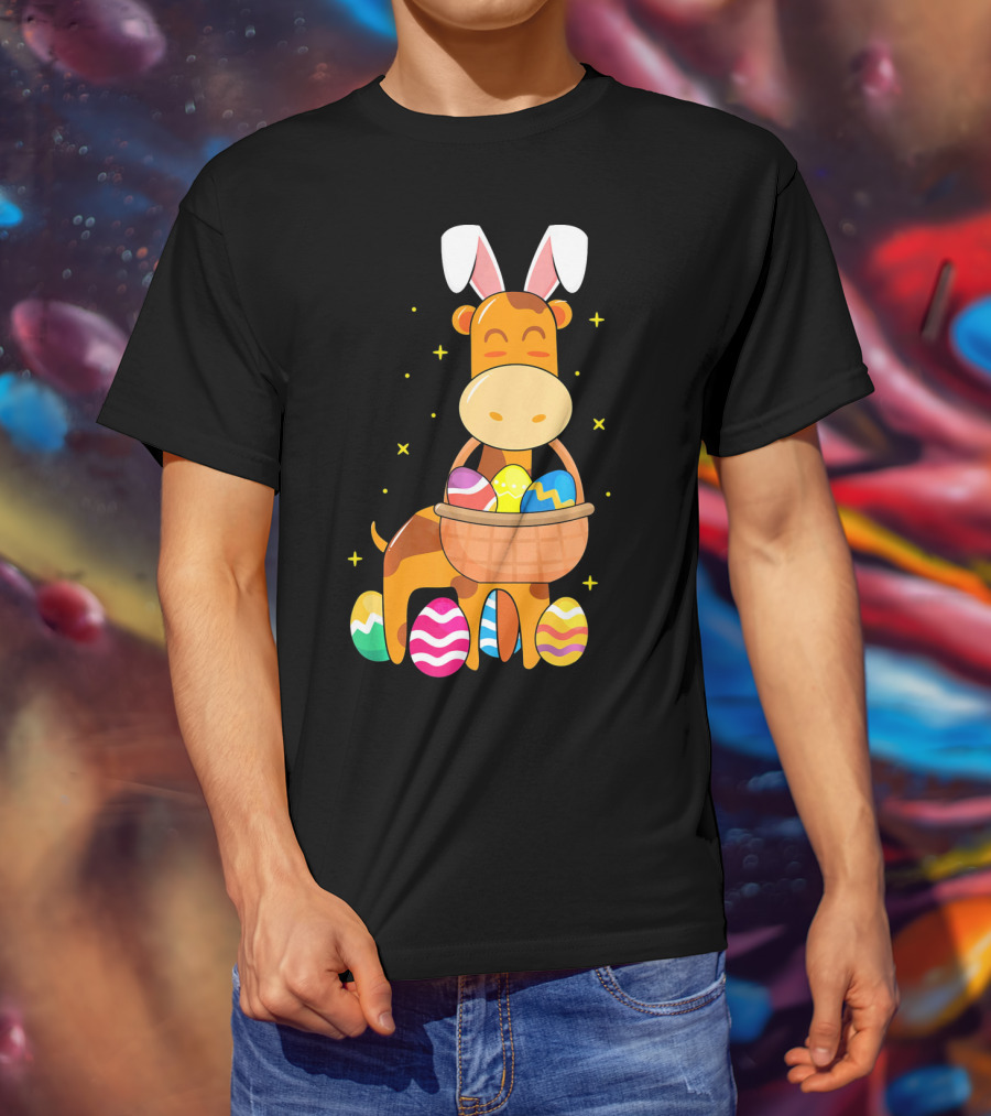 Giraffe Easter Egg Bunny Holding Basket Of Colorful Eggs And Wearing Bunny Ears T-Shirt