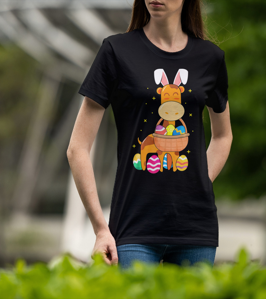 Giraffe Easter Egg Bunny Holding Basket Of Colorful Eggs And Wearing Bunny Ears T-Shirt