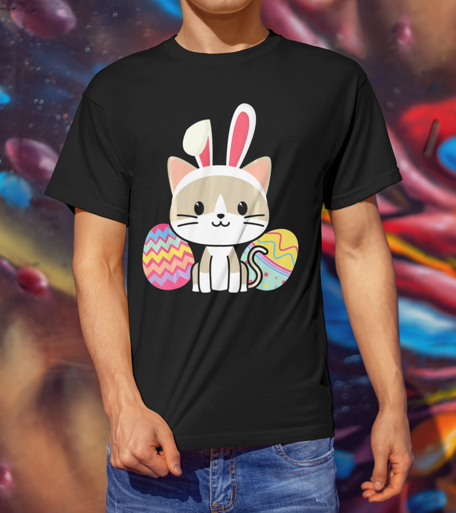 Easter Cat With Bunny Ears And Colorful Easter Eggs T-Shirt
