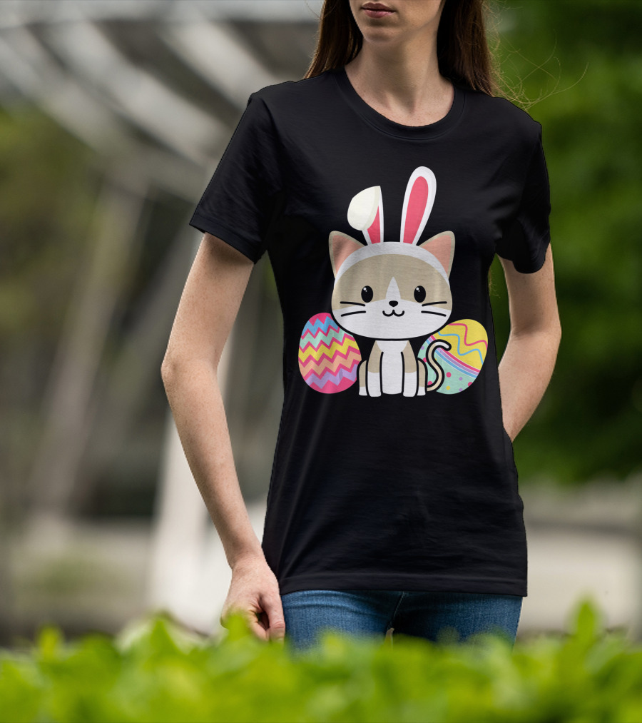 Easter Cat With Bunny Ears And Colorful Easter Eggs T-Shirt