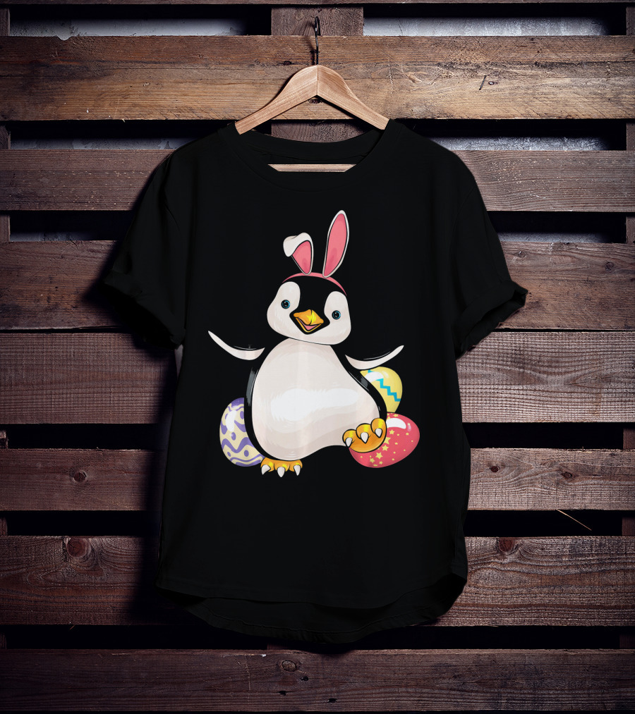 Penguin Bunny Easter With Colorful Eggs T-Shirt