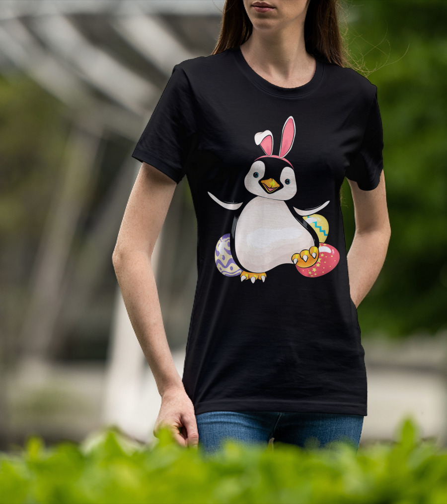 Penguin Bunny Easter With Colorful Eggs T-Shirt