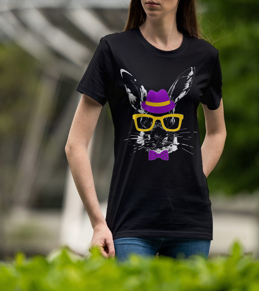 Easter Rabbit Watercolor Artwork Easter Bunny With Hat Glasses And Bow Tie T-Shirt