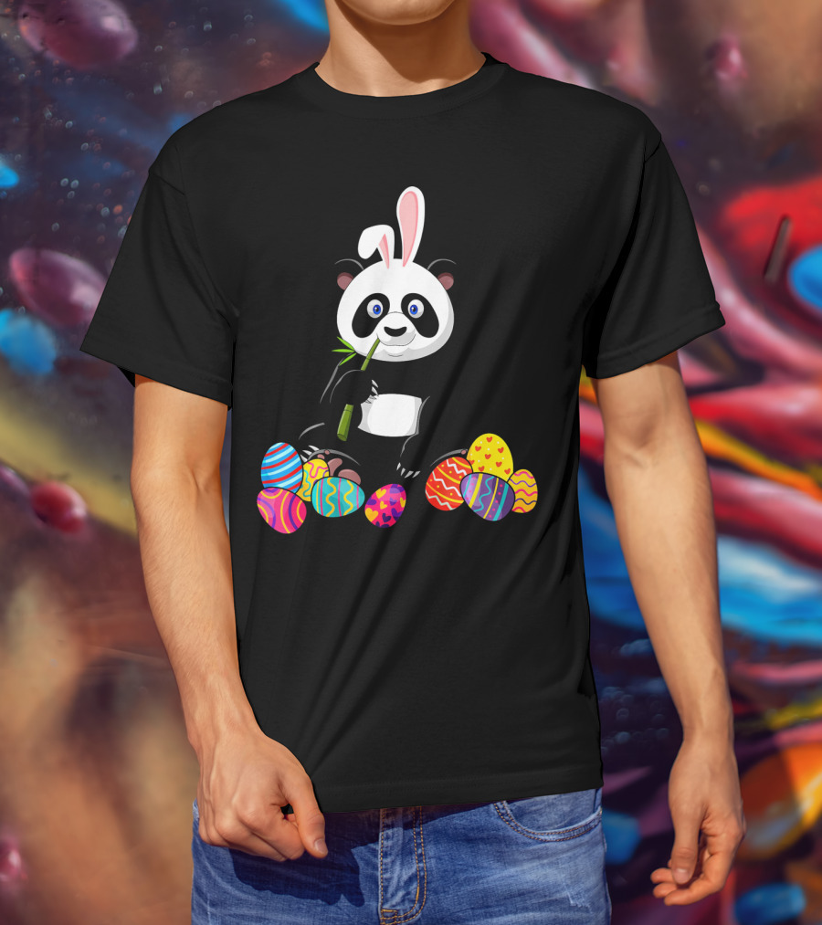 Panda With Bunny Ears And Colorful Easter Eggs T-Shirt