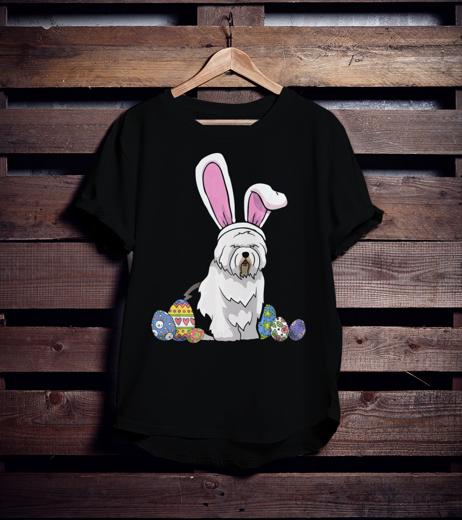 Old English Sheepdog Dressed As Easter Bunny With Colorful Eggs T-Shirt