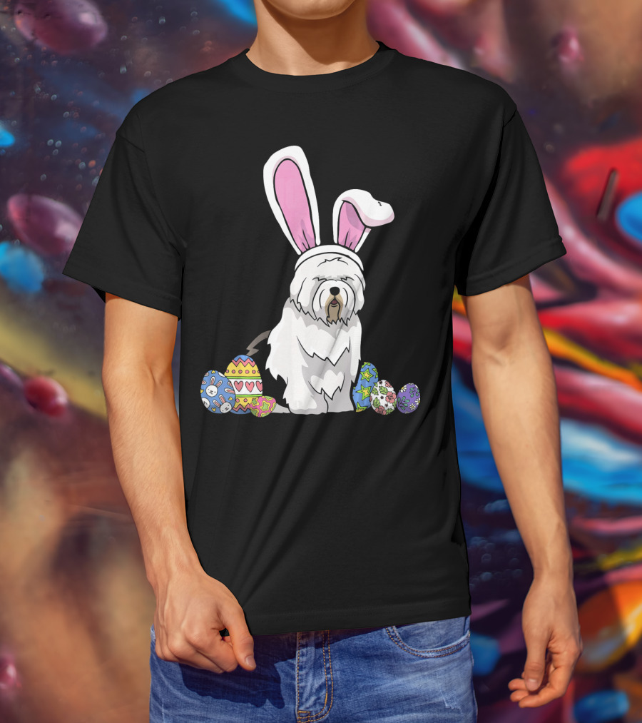 Old English Sheepdog Dressed As Easter Bunny With Colorful Eggs T-Shirt