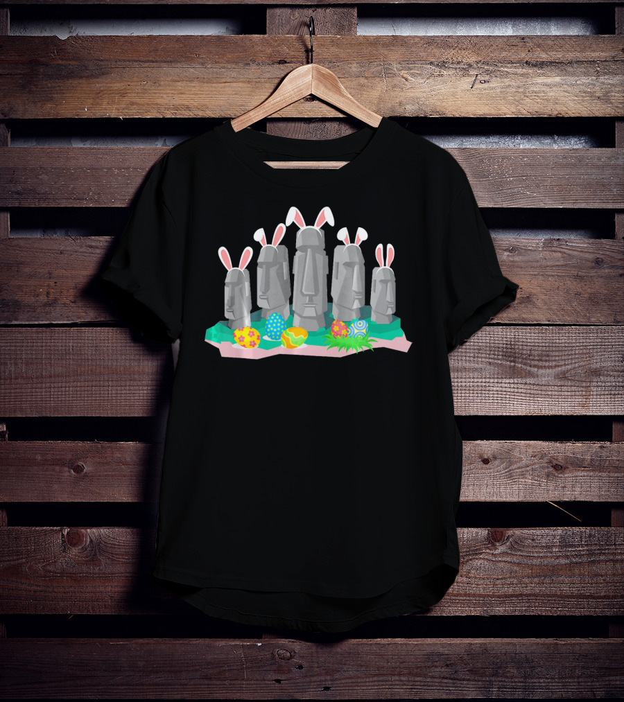 Easter Island Statues With Bunny Ears And Easter Eggs Holiday Humor T-Shirt