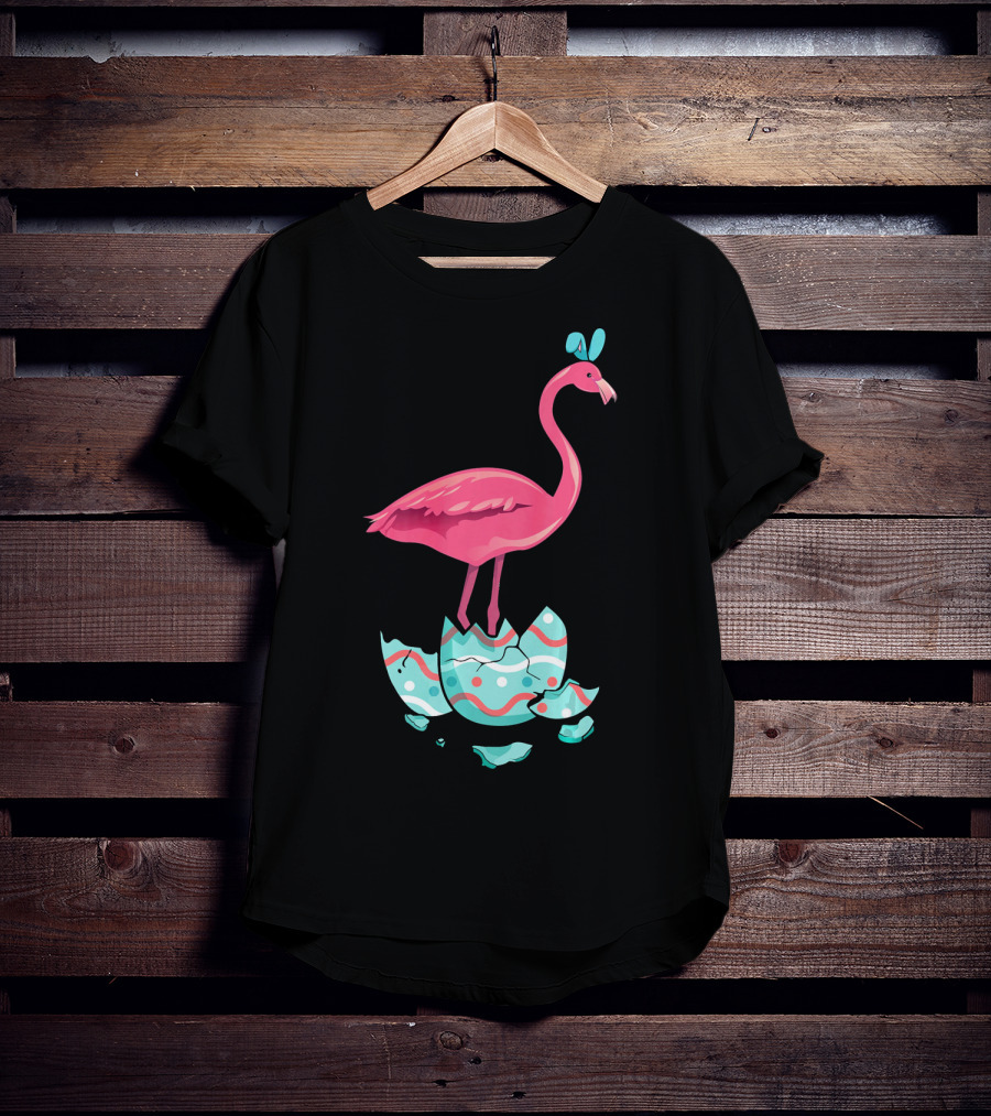 Funny Pink Flamingo On Easter Egg Bun With Bow T-Shirt