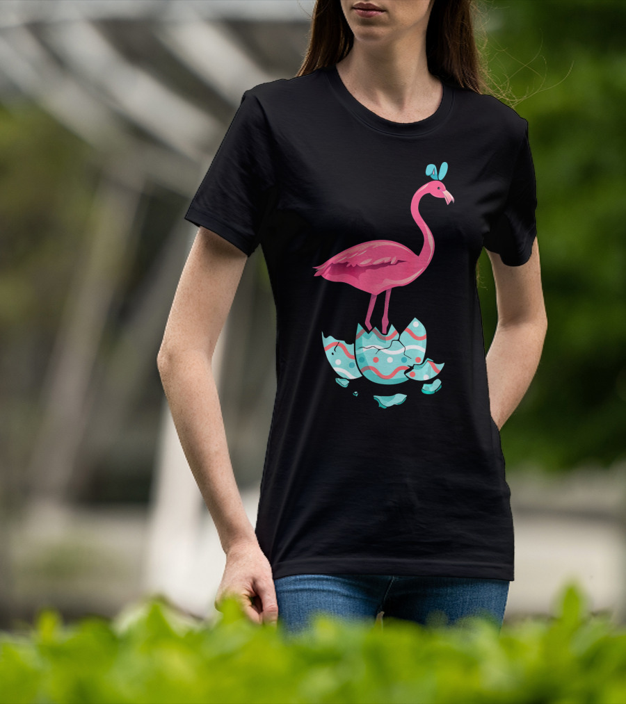 Funny Pink Flamingo On Easter Egg Bun With Bow T-Shirt
