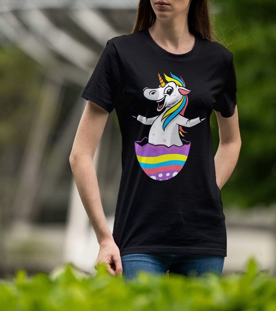 Easter Unicorn In Colorful Striped Egg T-Shirt