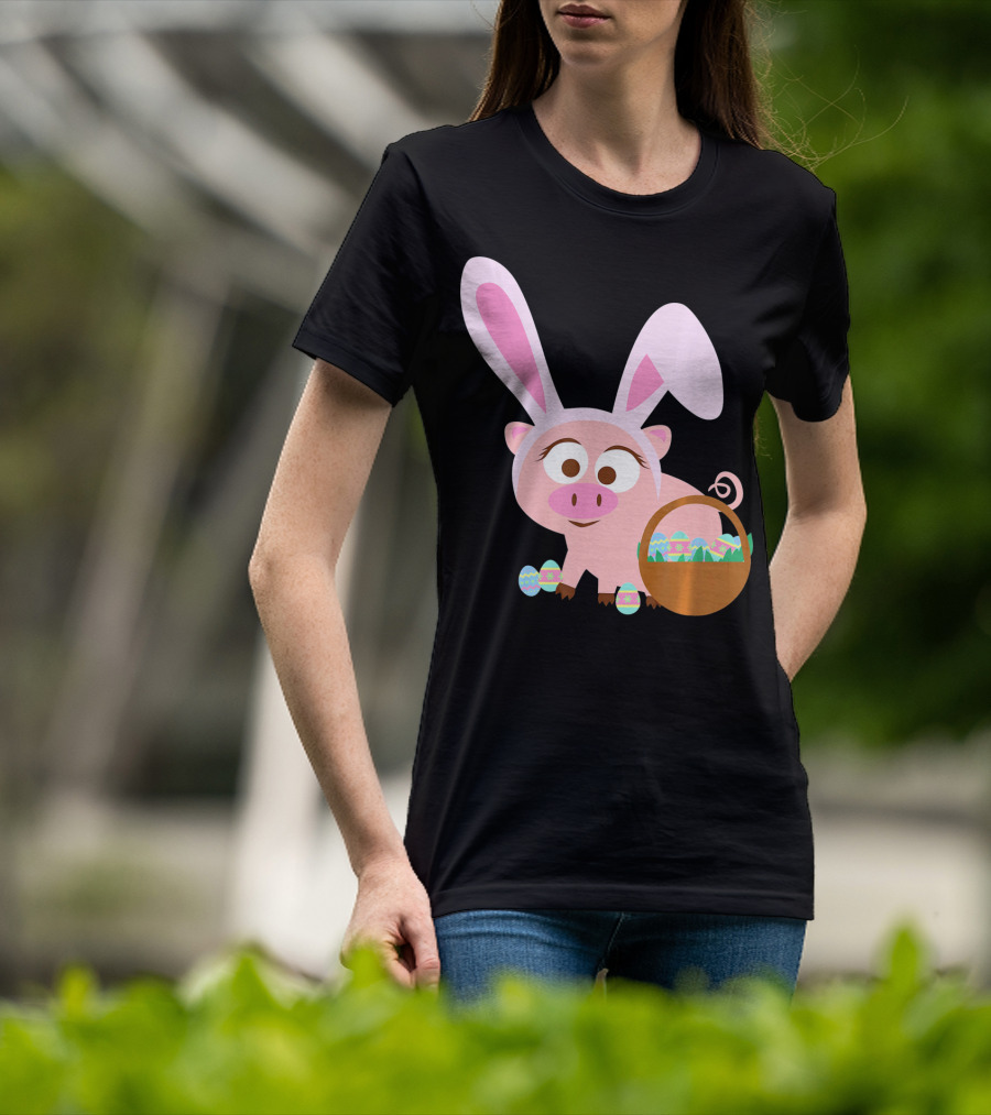 Happy Pig Bunny Ears Easter Eggs Basket T-Shirt