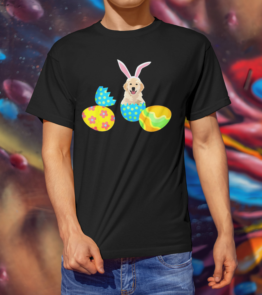 Labrador In Easter Eggs With Bunny Ears And Colorful T-Shirt