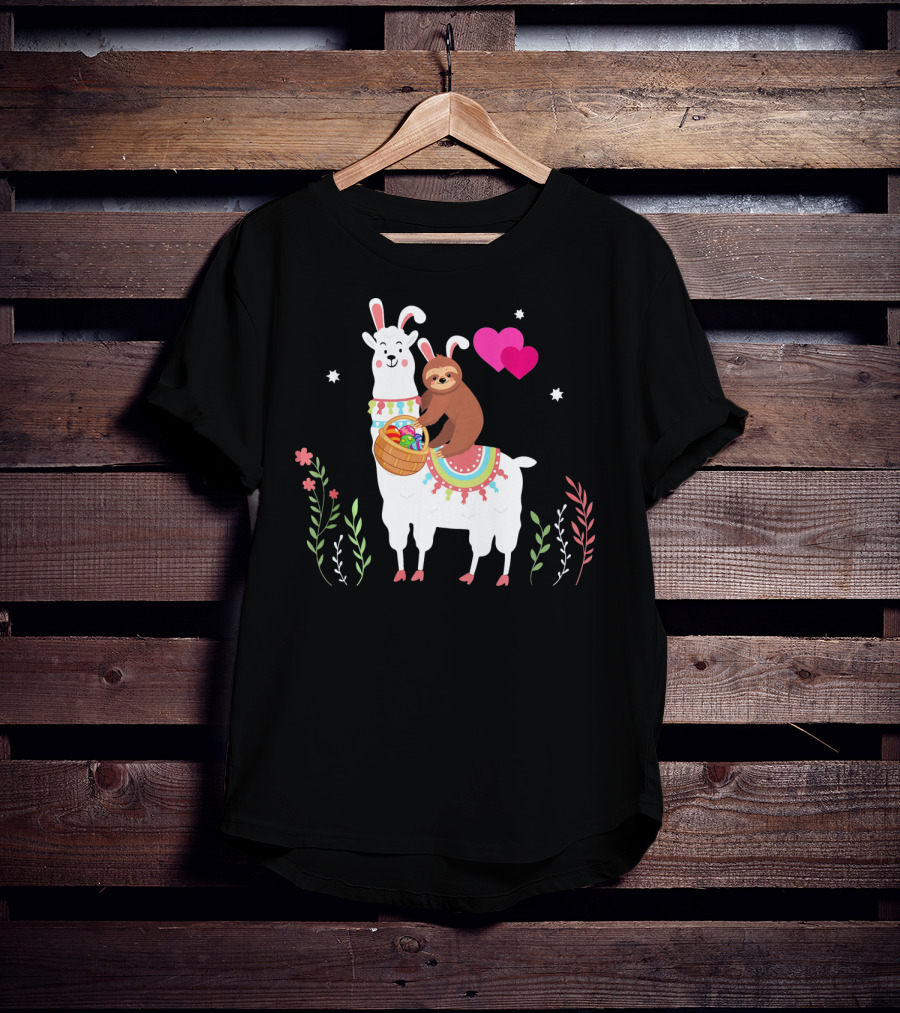 Sloth With Basket On Llama Wearing Easter Bunny Ears With Hearts And Flowers T-Shirt