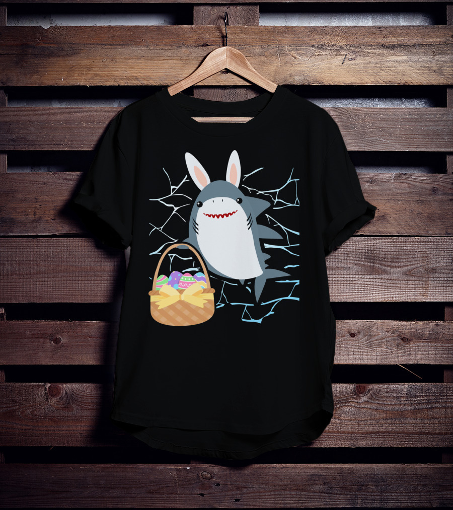 Easter Bunny Shark With Basket Of Eggs And Funny Expression T-Shirt
