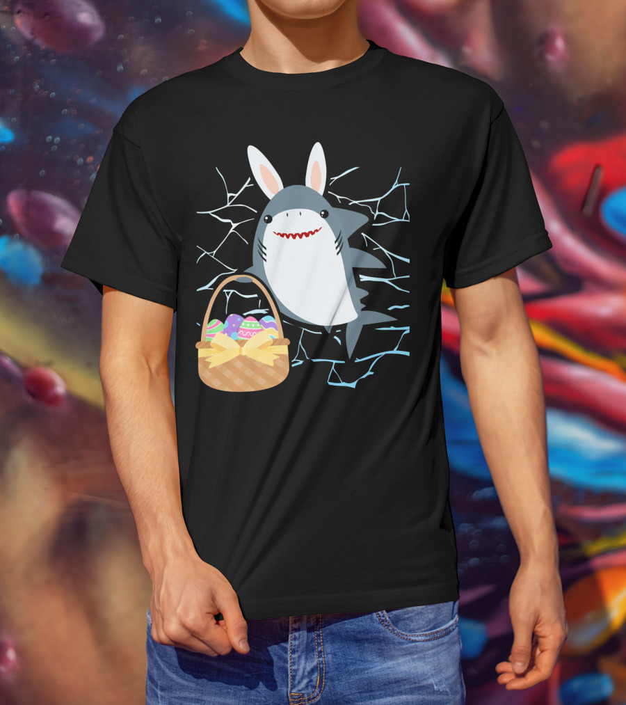 Easter Bunny Shark With Basket Of Eggs And Funny Expression T-Shirt