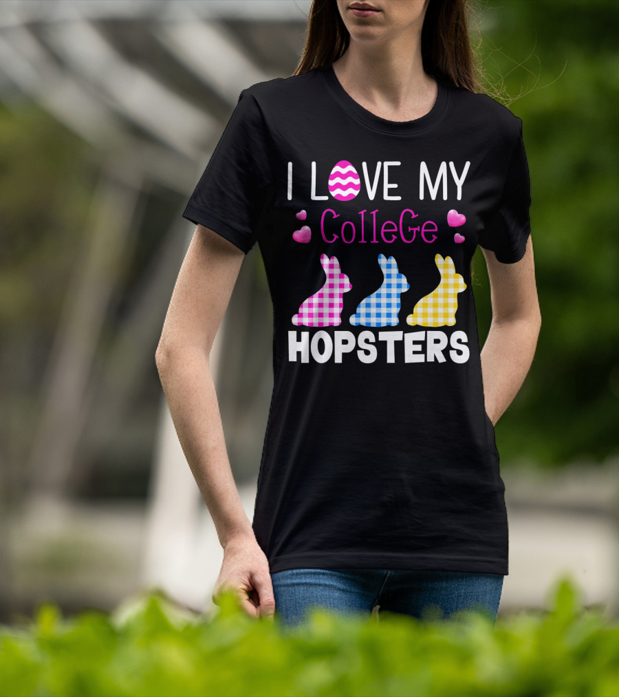 I Love My College Hopsters Easter Bunnies Plaid Hearts T-Shirt