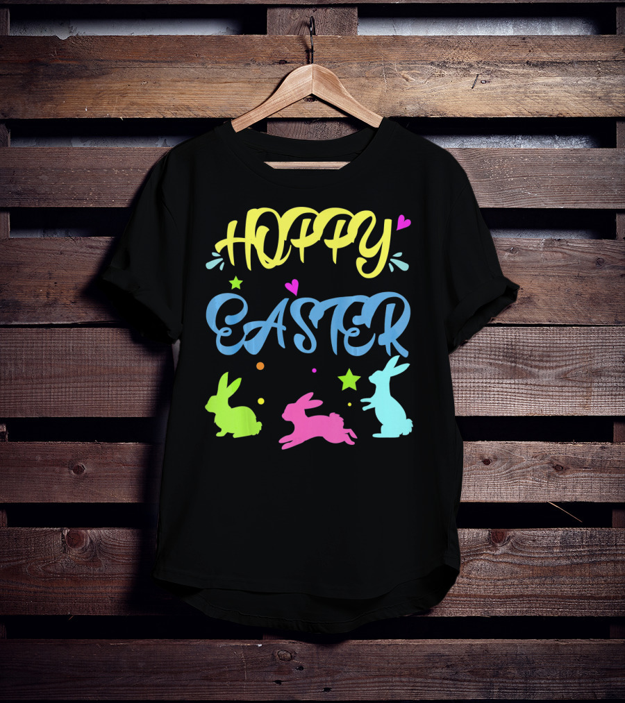 Hoppy Easter Novelty Orthodox Colorful Bunny Silhouettes With Hearts And Stars T-Shirt