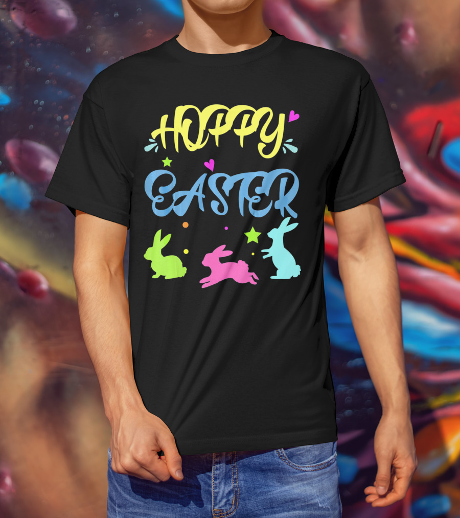 Hoppy Easter Novelty Orthodox Colorful Bunny Silhouettes With Hearts And Stars T-Shirt