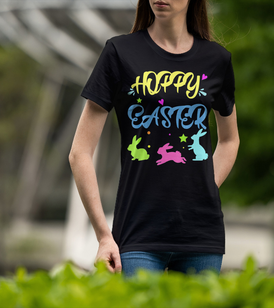 Hoppy Easter Novelty Orthodox Colorful Bunny Silhouettes With Hearts And Stars T-Shirt