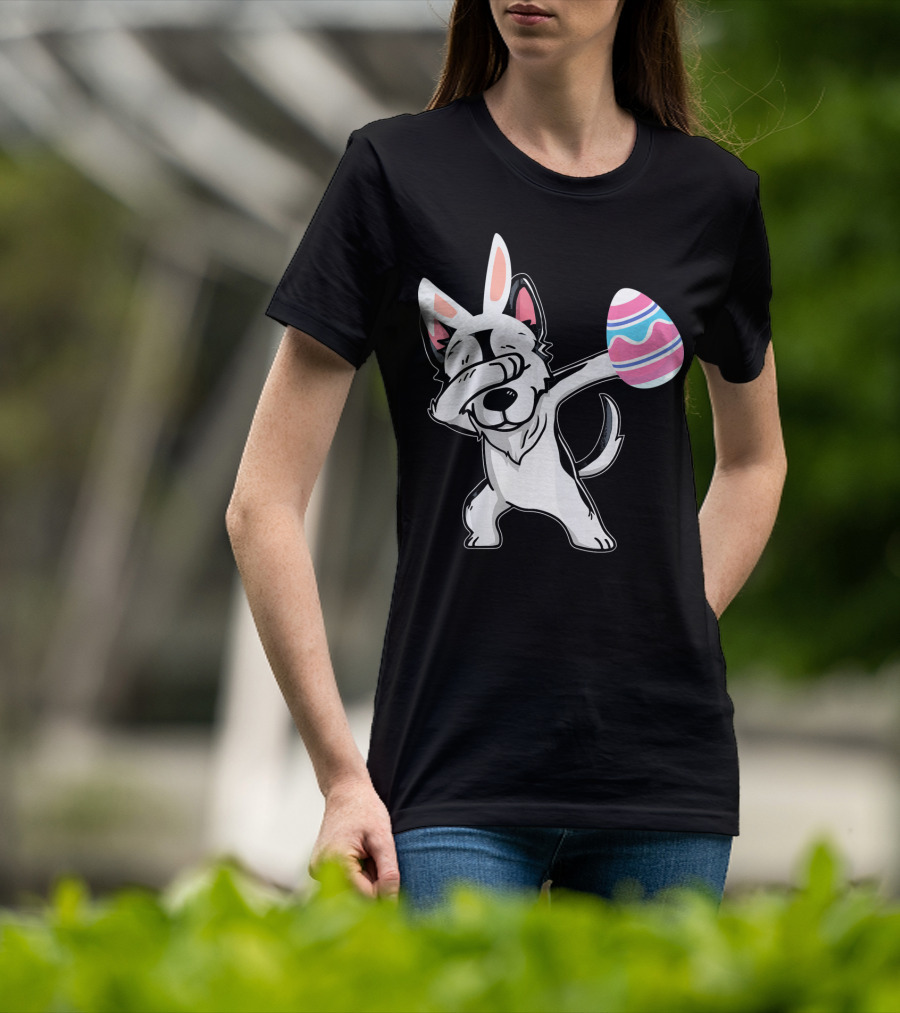 Easter Bunny Ears Dabbing Husky With Colorful Egg T-Shirt