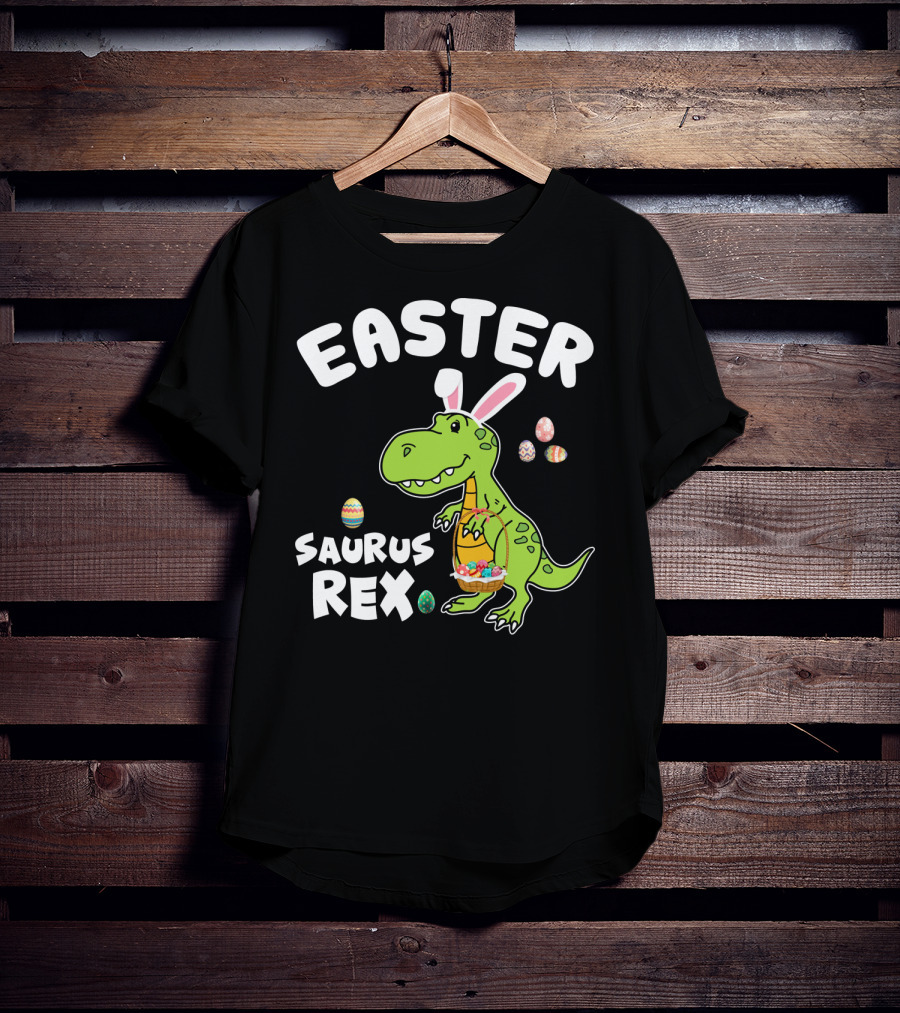 Easter Saurus Rex Dinosaur With Bunny Ears And Colorful Eggs T-Shirt