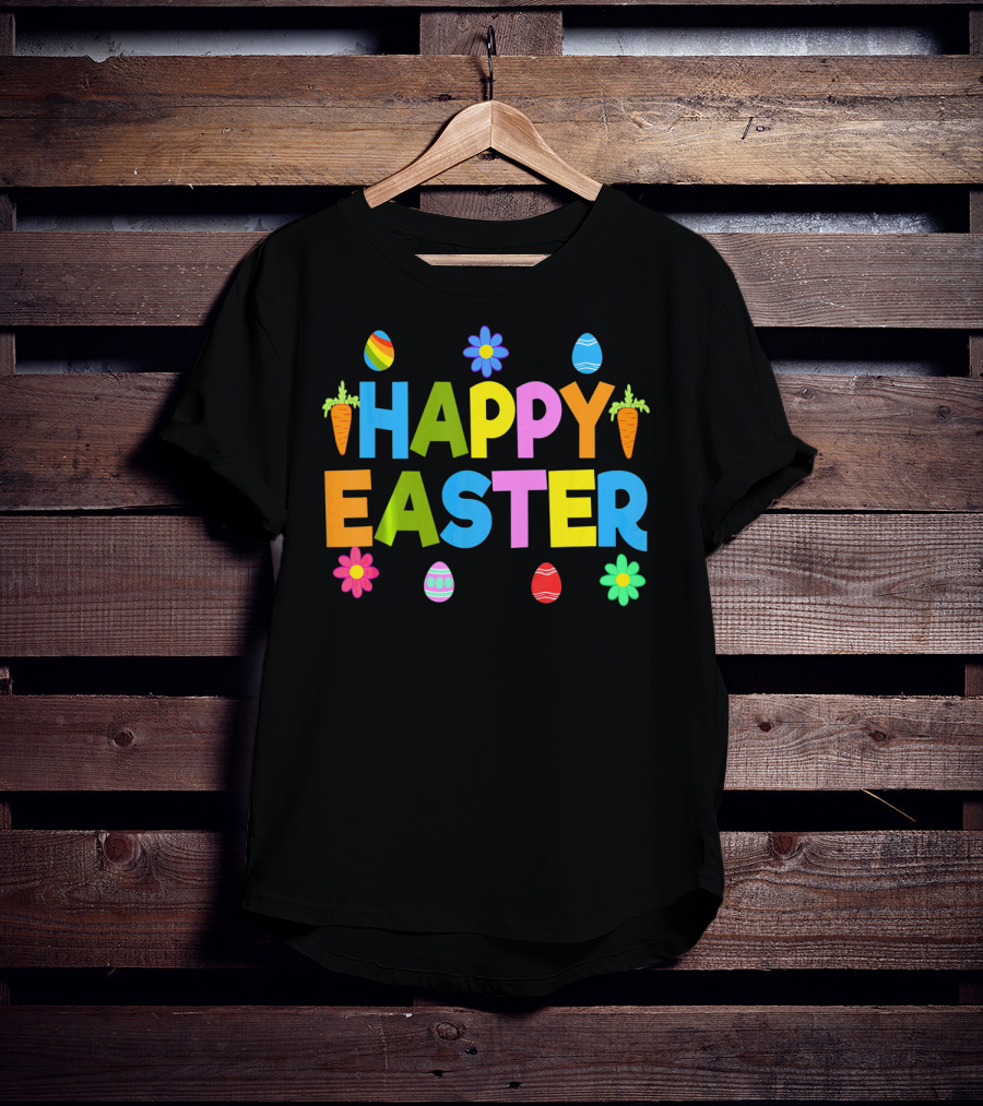 Happy Easter Bunny Carrot Colorful Eggs Flowers T-Shirt