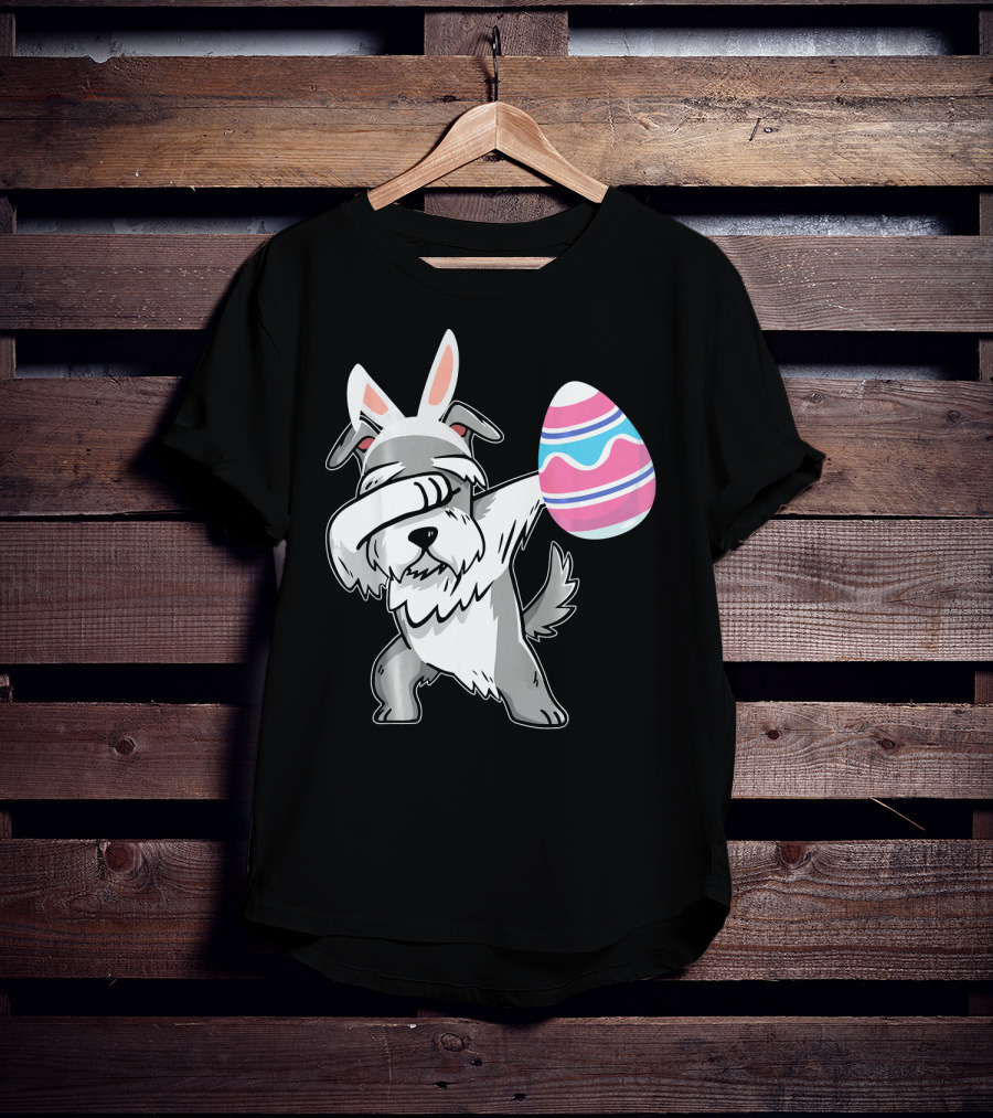 Easter Bunny Ears Schnauzer Dog Dabbing With Colorful Egg T-Shirt