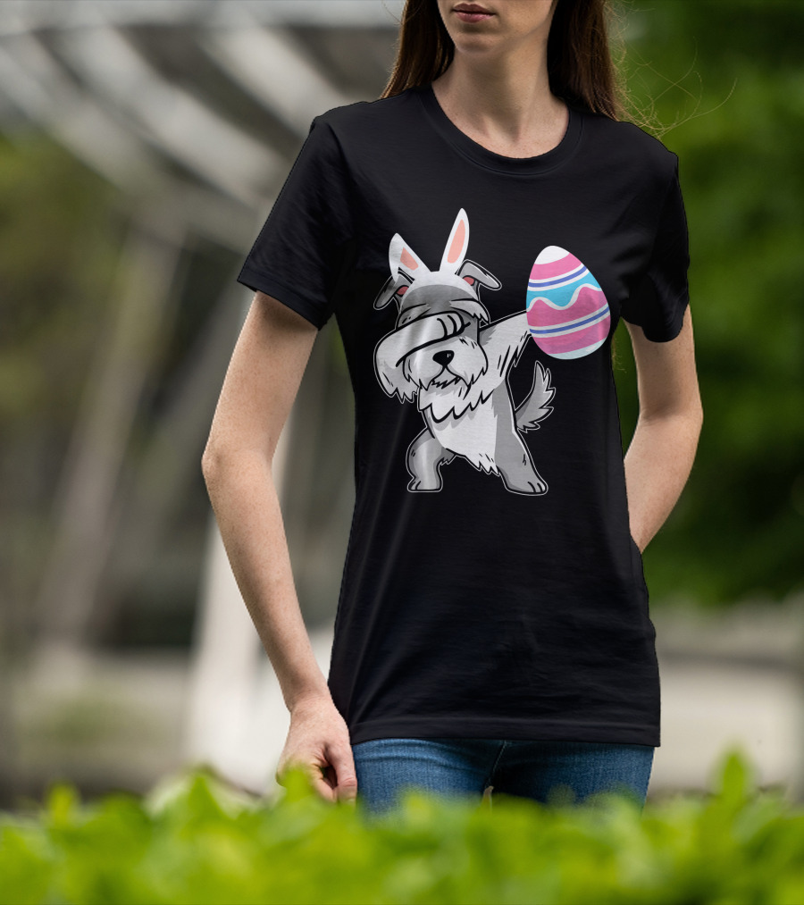 Easter Bunny Ears Schnauzer Dog Dabbing With Colorful Egg T-Shirt