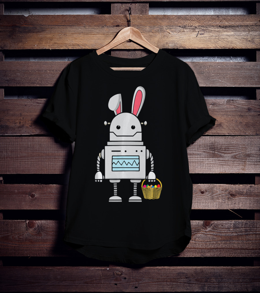 Cute Easter Robot Bunny With Basket Of Colorful Eggs T-Shirt