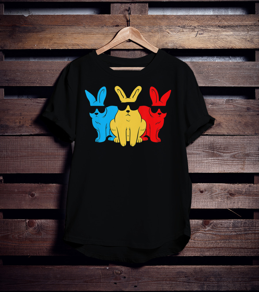 Hip Trio Bunnies Shades Funny Hipster Blue Yellow Red T-Shirt