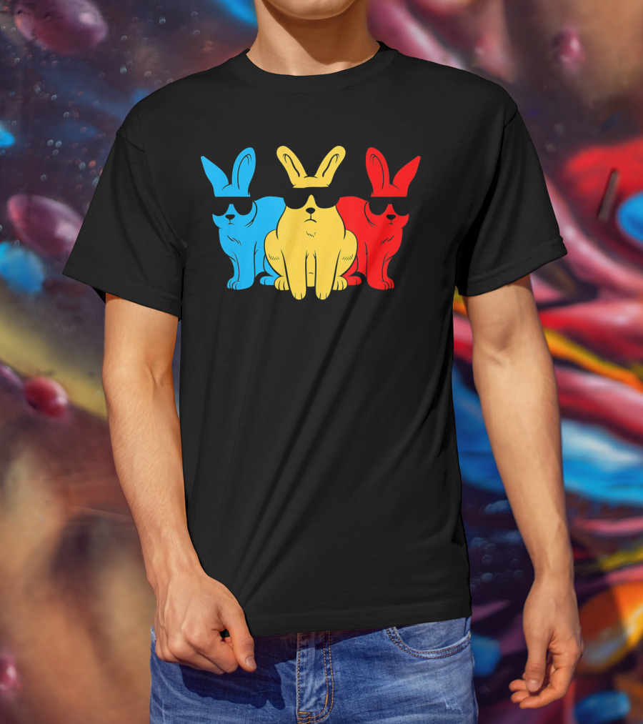 Hip Trio Bunnies Shades Funny Hipster Blue Yellow Red T-Shirt