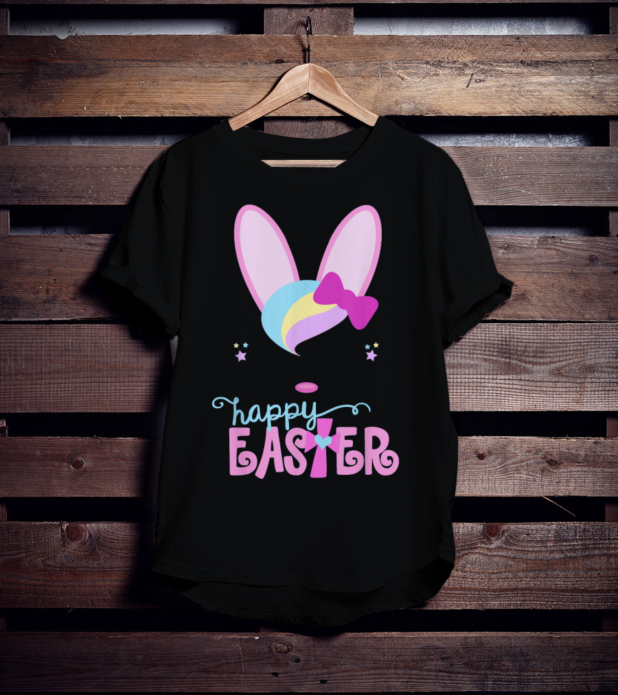 HAPPY EASTER Bunny Face Girls Bow Stars Colorful Ears T-Shirt