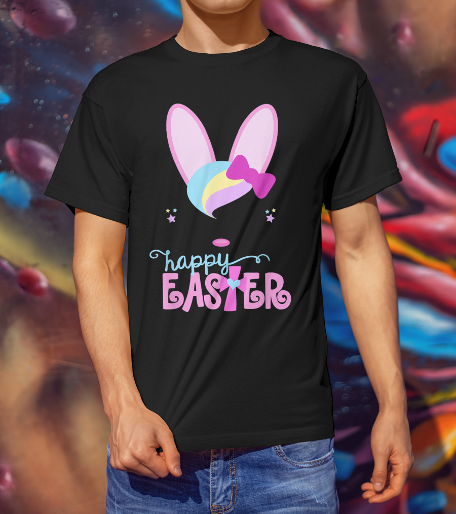 HAPPY EASTER Bunny Face Girls Bow Stars Colorful Ears T-Shirt