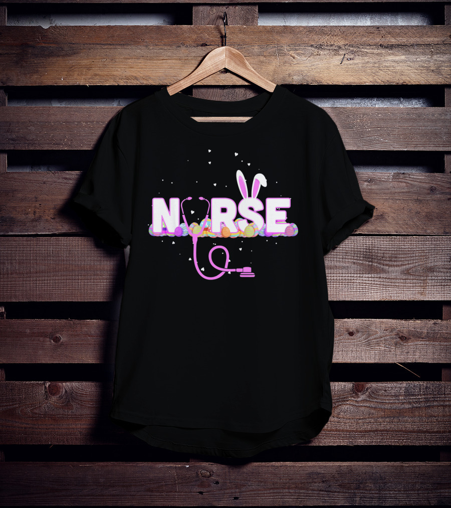 Nurse Easter Bunny Ears Colorful Eggs Stethoscope T-Shirt