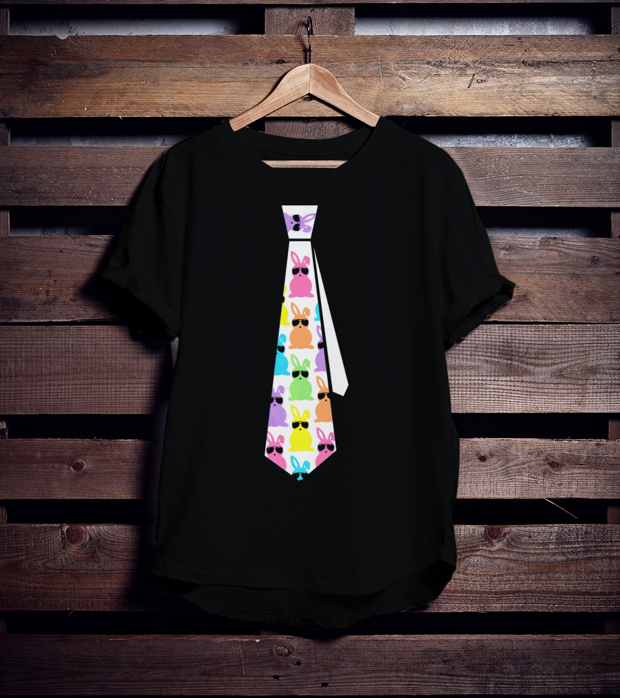 Funny Colorful Easter Bunny Necktie With Sunglasses T-Shirt